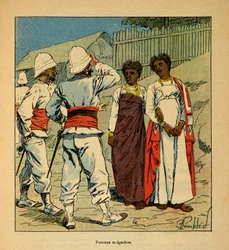 Kriget i Madagaskar-Anekdotisk historia om de franska expeditionerna 1885-1895 av Henri Galli dit Galllichet (1854-1922), illustrerad av Louis Bombled (1862-1927): Franska soldater som sympatiserar med madagaskiska kvinnor, privat samling