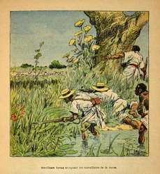 Kriget i Madagaskar - en anekdotisk historia om de franska expeditionerna 1885-1895 av Henri Galli dit Galllichet (1854-1922), illustrerad av Louis Bombled (1862-1927): Hovas Tirailleurs attackerar militärer som bygger en väg 1895, privat samling.