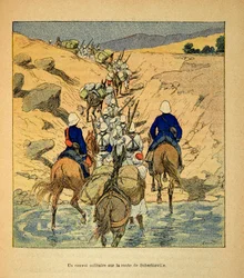 Kriget i Madagaskar-Anekdotisk historia om de franska expeditionerna 1885-1895 av Henri Galli dit Galllichet (1854-1922), illustrerad av Louis Bombled (1862-1927): en militärkonvoj på vägen till Suberbieville 1895, privat samling