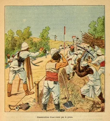 Kriget i Madagaskar-Anekdotisk historia om de franska expeditionerna 1885-1895 av Henri Galli dit Galllichet (1854-1922), illustrerad av Louis Bombled (1862-1927): Konstruktion av en väg i Madagaskar av Genie 1895, privat samling