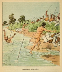 Kriget i Madagaskar-Anekdotisk historia om de franska expeditionerna 1885-1895 av Henri Galli dit Galllichet (1854-1922), illustrerad av Louis Bombled (1862-1927): Sakalaves attackerar franska förhandlare vid Marosakoa 1895, privat samling