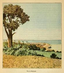 Kriget i Madagaskar-Anekdotisk historia om de franska expeditionerna 1885-1895 av Henri Galli dit Galllichet (1854-1922), illustrerad av Louis Bombled (1862-1927): Utsikt över staden Majunga vid 1800-talets Siecle, privat samling