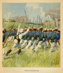 Kriget i Madagaskar-Anekdotisk historia om de franska expeditionerna 1885-1895 av Henri Galli dit Galllichet (1854-1922), illustrerad av Louis Bombled (1862-1927): Franska trupper under Antanamitarana-striderna 1895, Privat samling