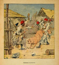 Kriget i Madagaskar-Anekdotisk historia om de franska expeditionerna 1885-1895 av Henri Galli dit Galllichet (1854-1922), illustrerad av Louis Bombled (1862-1927): Plundring av Tirailleurs i gårdar, privat samling