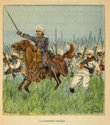 The War in Madagascar-Anecdotal History of the French Expeditions of 1885-1895 av Henri Galli dit Galllichet (1854-1922), illustrerad av Louis Bombled (1862-1927): The Commander Lentonnet (1840-1896) med de franska trupperna under försvar av Tsarasaotra