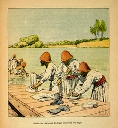 Kriget i Madagaskar-Anekdotisk historia om de franska expeditionerna 1885-1895 av Henri Galli dit Galllichet (1854-1922), illustrerad av Louis Bombled (1862-1927): Soldater från det afrikanska regementet städar sin tvätt på stranden av en flod på Madagasca