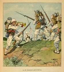 Kriget i Madagaskar-Anekdotisk historia om de franska expeditionerna 1885-1895 av Henri Galli dit Galllichet (1854-1922), illustrerad av Louis Bombled (1862-1927): De 40:e jägarna till fots under striderna i Beritza 1895, privat Samling