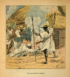 Kriget i Madagaskar-Anekdotisk historia om de franska expeditionerna 1885-1895 av Henri Galli dit Galllichet (1854-1922), illustrerad av Louis Bombled (1862-1927): Hovas brinnande byar, privat samling