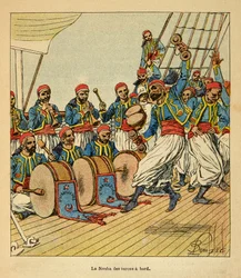 Kriget i Madagaskar-Anekdotisk historia om de franska expeditionerna 1885-1895 av Henri Galli dit Galllichet (1854-1922), illustrerad av Louis Bombled (1862-1927): De nio turkarna ombord på skeppet som seglar till Madagaskar, privat samling