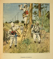 Kriget i Madagaskar-Anekdotisk historia av de franska expeditionerna 1885-1895 av Henri Galli dit Galllichet (1854-1922), illustrerad av Louis Bombled (1862-1927): Implementering av kampanjtelegrafen av militären i Madagaskar 1895, privat coll