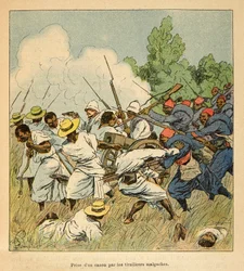 Kriget på Madagaskar - Anekdotisk historia om de franska expeditionerna 1885-1895 av Henri Galli dit Galllichet (1854-1922), illustrerad av Louis Bombled (1862-1927): Malagasyerna tog en kanon under Ambolomonty-striderna 1895, Privat samling