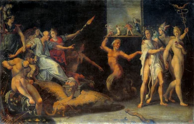 Allegori till återkallelsen av Edit de Nantes i oktober 1685. Den centrala karaktären representerar Basville (drakman), intendant i Languedoc, som tar bort deras sista kläder från hugenotterna. Han underlättade etableringen av dragonnader riktade mot co