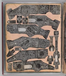 Arbetsbok Spelar in den graverade skjutvapenprydnaden av Louis D. Nimschke, amerikansk, c1850-1900.