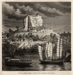 En sten med pagodscener och olika båtar på den blå floden (Kina), gravyr efter teckningen av L.Delaporte, för att illustrera utforskningsresan i Indokina av Francis Garnier, skeppslöjtnant, 1866-1868, publicerad i " ” Le tour du monde