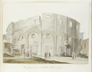 Buitenmuur van oude theater van Catanië Exteriörvy av den gamla lilla teatern, eller Odeum i Catania (titel på objektet) Resor i Italien, Sicilien och Malta - 1778 (serietitel)