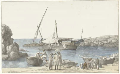 Utsikt över Taranto och tillflyktsort från Luogo Vivo Utsikt över vår Tarentin-byggnad och hamnen i den tidigare nr. jordning (titel på objekt) Resor i Italien, Sicilien och Malta- 1778 (serietitel)