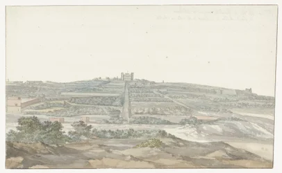 Utsikt över Stormästarens Vedala-palats, som ligger i Boschetto på Malta Vue de Boschetto, maison de plaisance du Grand-Maître, à 2 lieus de la ville de Malthe (titel på objektet) Voyage en Italy, och Sicile et à Malte - 1778 (serietitel)