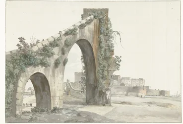 Gezicht på akvadukten en de stad Taranto Utsikt över akvadukten och staden Taranto (titel på objektet) Resor i Italien, Sicilien och Malta - 1778 (serietitel)