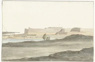 Utsikt över slottet i hamnen i Barletta Vue du Château, qui domine le port de Barletta (titel på objekt) Voyage en Italy, och Sicile et à Malte - 1778 (serietitel)