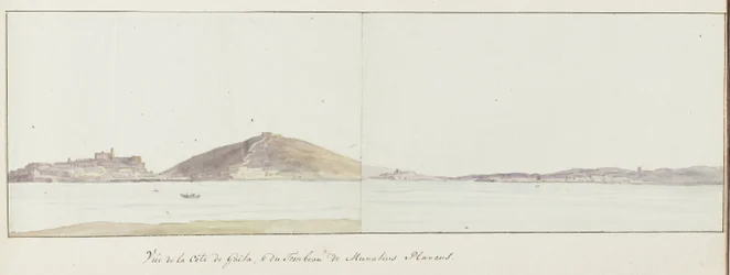 Utsikt över Gaetas kust och Munatius Plancus mausoleum (Lucio Munazio Planco). Resa i Italien, Sicilien och Malta - 1778 (serietitel)