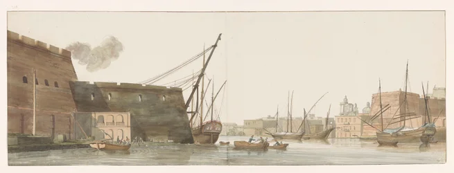 Utsikt på werf i tillflyktsort från galeis schepen på Malta Utsikt över varvet i hamnen i Galleys på Malta (titel på objekt) Resor i Italien, Sicilien och Malta - 1778 (serietitel)