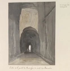 Ingang van grot Crypta Neapolitana (av Grotta di Posillipo) aan de kust van Pozzuoli Ingång till Pausilype-grottan nära Pozzuoli (titel på objekt) Resor i Italien, Sicilien och Malta - 1778 (serietitel)
