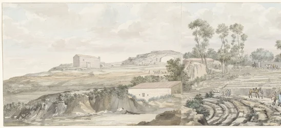 Interiör träffade trapn van teater i Syracuse Utsikt över interiören och läktaren i Syracuse Theatre (titel på objektet) Resor i Italien, Sicilien och Malta - 1778 (serietitel)