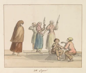 Traditionella dräkter på ön Gozo Costume de Ghozo (titel på objekt) Voyage en Italy, och Sicile et à Malte - 1778 (serietitel)