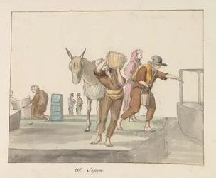 Traditionella dräkter på ön Gozo Costume de Ghozo (titel på objekt) Voyage en Italy, och Sicile et à Malte - 1778 (serietitel)