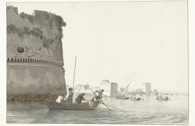 Mosselvissers op Mare Piccolo bij de vestingwerken van Taranto Fiske efter musslor i Mare piccolo i Taranto sett från hörnet av Citadellet (titel på objektet) Resor i Italien, Sicilien och Malta - 1778 (serietitel)