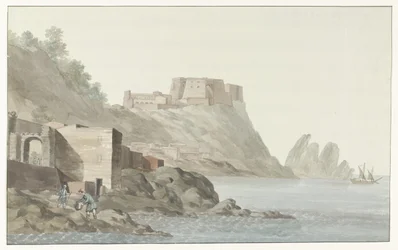 Rapar i stad Scilla in de regio Calabria aan de oostkust Rock & Town of Scilla i Kalabrien; vy tagen från den östra sidan (titel på objekt) Resor i Italien, Sicilien och Malta - 1778 (serietitel)
