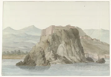 Sten och stad Scilla i regionen Kalabrien sett från havet på norra sidan Rocher & Ville de Scilla och Calabre; vue prize en mer, du côté du Nord (titel på objekt) Voyage en Italy, och Sicile et à Malte - 1778 (serietitel)