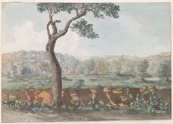 Ruïne av Castor och Pollux tempel inom muren från gamla Agrigento Utsikt över ruinerna av Temple of Castor & Pollux i hägnet av antika Agrigentum (titel på objektet) Resor i Italien, Sicilien och Malta - 1778 (serietitel)