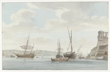 Tuinhuis van de Jardin du Grand Master uttord boven de haven med gale schepen op Malta Pavillon du Jardin du Grand-Maître, mittemot Port des Galères i Malthe (titel på objektet) Resor i Italien, Sicilien och Malta - 1778 (serietitel)