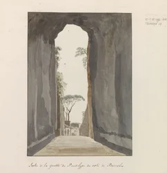Uitgang van grot Crypta Neapolitana (av Grotta di Posillipo) aan de kust van Pozzuoli Utgång från Pausilype-grottan nära Pozzuoli (titel på objekt) Resor i Italien, Sicilien och Malta - 1778 (serietitel)
