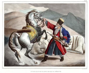 En tartar och fragment av lejonet från Cheronnee. i "" Resan till Aten och Konstantinopel, eller samling av grekiska och osmanska porträtt, vyer och kostymer, målade på platser i naturen, litografier och färger av Louis Dupre (1789-1837), elev till Davi