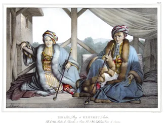 Ismael, Bey och Mehemet Pasha, son till Veli, pasha av Thessalien och sonson till Ali Tebelen (1741-1822), vizir av Janina, i "" Resan till Aten och Konstantinopel, eller samling av grekiska och osmanska porträtt, vyer och kostymer, målade på platser av na