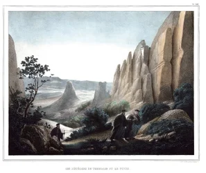 Les meteores de Thessalie et le Pinde (landskap av klippor och klippor). i "" Resan till Aten och Konstantinopel, eller samling av grekiska och osmanska porträtt, vyer och kostymer, målade på platser av efter naturen, litografier och färger av Louis Dupre