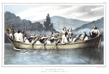 Ali Pasha de Janina (1741-1822), på jakt på Butrintosjön i mars 1819. i "" Resan till Aten och Konstantinopel, eller samling av grekiska och osmanska porträtt, utsikter och kostymer, målade på platser efter naturen, litografier och färger av Louis Dupre