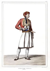 En albansk slaktare i Aten. i "" Resan till Aten och Konstantinopel, eller samling av grekiska och osmanska porträtt, vyer och kostymer, målade på platser i naturen, litografier och färger av Louis Dupre (1789-1837), Davids elev.1825.