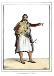 Kock på Palikares de la Scllade, i "" Resan till Aten och Konstantinopel, eller samling av grekiska och ottomanska porträtt, vyer och kostymer, målade på platser efter naturen, litografier och färger av Louis Dupre (1789-1837), Davids elev. 1825.