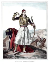 Demetrius Mavromichalis, grekisk soldat och patriot. i "" Resan till Aten och Konstantinopel, eller samling av grekiska och osmanska porträtt, vyer och kostymer, målade på platser i naturen, litografier och färger av Louis Dupre (1789-1837), elev av Da