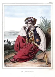 Un mamlouk (Mamluk). i "" Resan till Aten och Konstantinopel, eller samling av grekiska och osmanska porträtt, vyer och kostymer, målade på platser efter naturen, litografier och färger av Louis Dupre (1789-1837), Davids elev.1825.