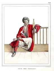 Ung grekisk thessalier. i "" Resan till Aten och Konstantinopel, eller samling av grekiska och osmanska porträtt, vyer och kostymer, målade på platser efter naturen, litografier och färger av Louis Dupre (1789-1837), Davids elev.1825.