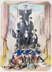 Litideurs trots dem - Litografi, utdrag från Theatre des marionnettes du jardin des Tuileries, text och teckning av Louis Edmond Duranty (1833-1880), Paris