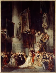 En ceremoni i Delfts kyrka. Målning föreställande ett bröllop i Holland på 1500-talet. Målning av Louis Gabriel Eugene Isabey (1803-1886)