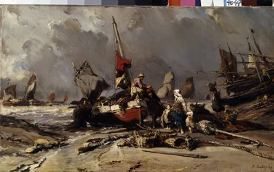 ""Efter stormen"" (Efter stormen) En fiskare hittar sin familj efter stormen. Målning av Louis Gabriel Eugene Isabey (1803-1886) 1869 Mått 36,5x60 cm Eremitagemuseet, Sankt Petersburg