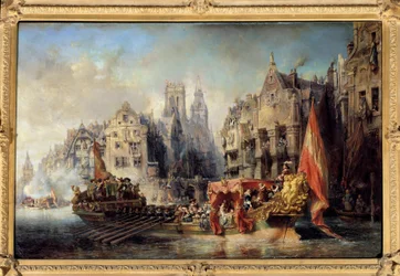 Hertigen av Albas ankomst till Rotterdam 1567. Ferdinand Alvare de Toledo (eller Fernando Alvarez de Toledo y Pimentels) skepp, hertig av Alba, guvernör i Flandern (1508-1582) i staden. Målning av Eugene Isabey (1803-1886)