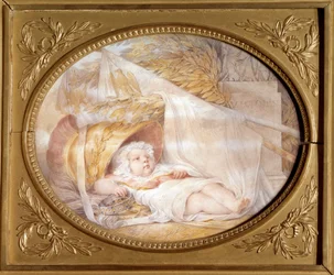 Porträtt av kungen av Rom bebe (1811-1832) i hjälmen av Mars Napoleon II, hertig av Reichstadt, son till kejsar Napoleon I (1769-1821) nyfödd. Svart sten och beige lavapapper av Eugene Isabey (1803-1886) Mars 1811 Sön. 0,21x0,26 m Malmaison, musée d