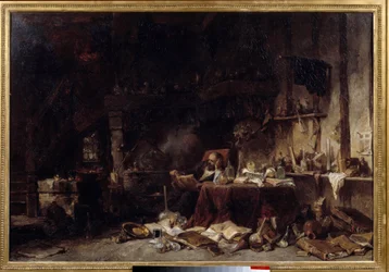 Alkemistens verkstad Den är fylld med flaskor, flaskor, stillbilder. målning av Louis Gabriel Eugene Isabey (1803-1886) 1848 Sön. 0,66x0,99 m Lille musee des beaux arts.